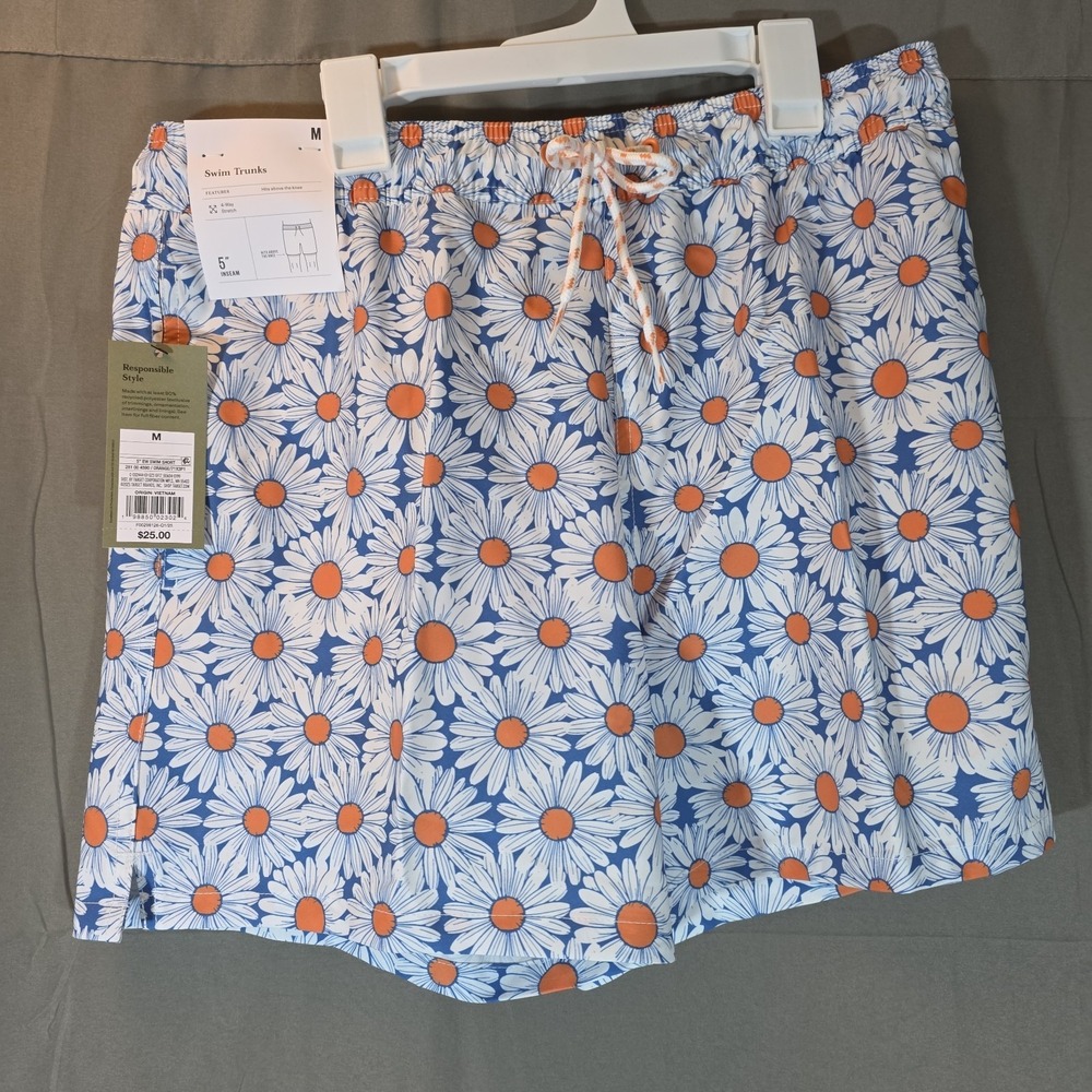 Men 7" Swim Trunks With Liner - Medium Orange Blue White Floral Goodfellow & Co